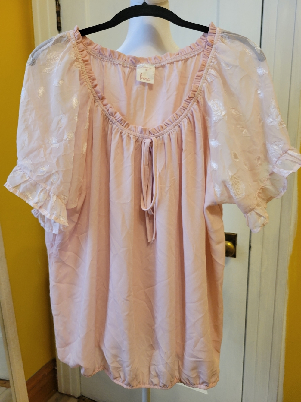Luna Pale Pink Peasant Blouse with Embroidered Puff Sleeves